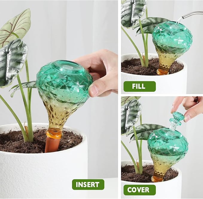 12 oz Plant Watering Globes, Green Glass Self Watering Bulbs Top Fill with Terracotta Spikes Stake, Self Watering Planter Insert Vacation Automatic Plant Waterer Device for Indoor & Outdoor 2Pack