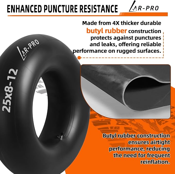 AR-PRO Heavy-Duty 25x8-12 Inner Tubes Universal 25x9-12, 25x10-12 for ATV/UTV, Lawn Tractor, Golf Cart, Snow Blowers, and More - With TR6 Metal Valve Stems - Made from Durable Butyl Rubber (2-Pack)