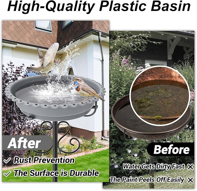 Bird Bath for Outside,Vintage Freestanding Birdbath & Birdfeeder, 40In Bird Baths Feeder with Detachable Plastic Bowl for Garden Patio Yard Lawn Decor, Upgraded 5-Pronged Base (Grey)
