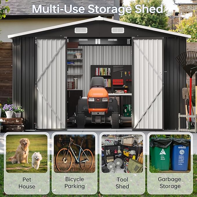 10x12FT Outdoor Storage Shed, Metal Garden Tool Shed with Sloping Roof & Lockable Door for Patio Lawn Backyard (Black, 10x12FT)