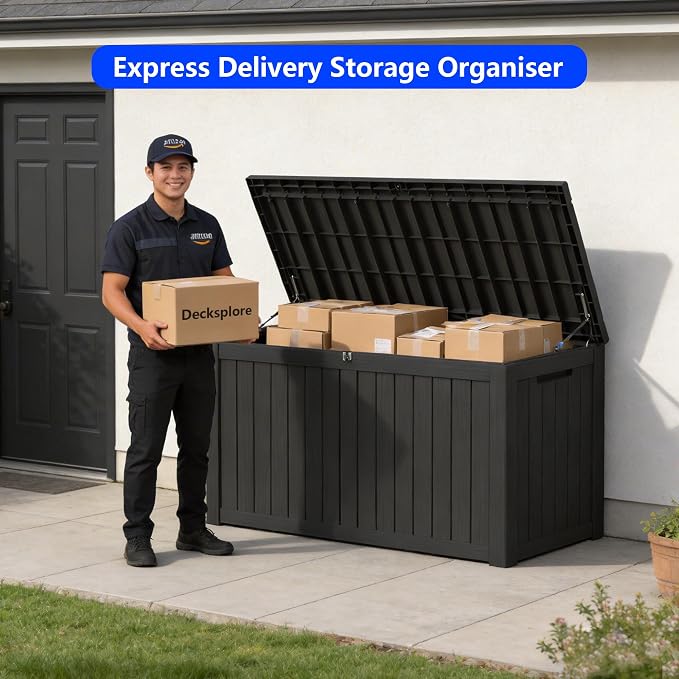 180 Gallon Outdoor Storage Box Resin Deck Box All Weather Waterproof Large Lockable Storage Container Deck Box for Patio Furniture, Garden Tools, Lockable, Black