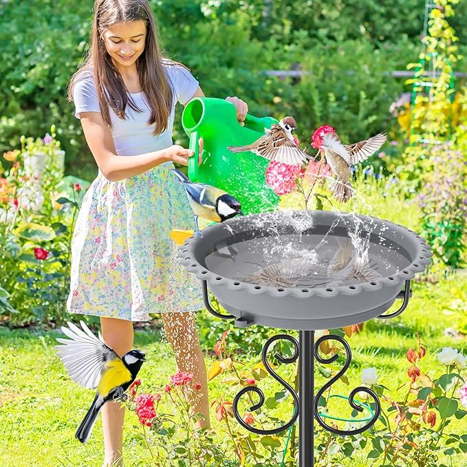 Bird Bath for Outside,Vintage Freestanding Birdbath & Birdfeeder, 40In Bird Baths Feeder with Detachable Plastic Bowl for Garden Patio Yard Lawn Decor, Upgraded 5-Pronged Base (Grey)