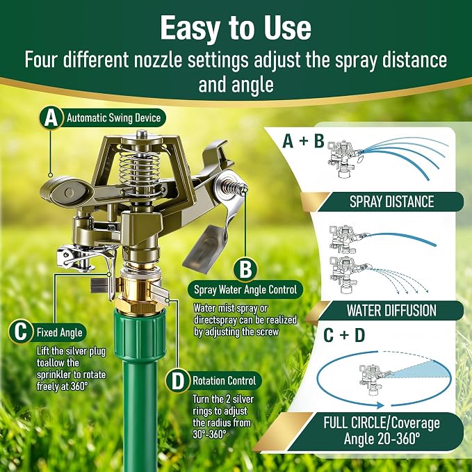 Heavy Duty Impact Pulsating Sprinkler with 16-30" Adjustable Aluminum Sprinkler Riser, All Metal Rotating Circular Impulse Lawn Sprinklers for Medium to Large Lawn Garden Area, Coverage up to 5800 Sq