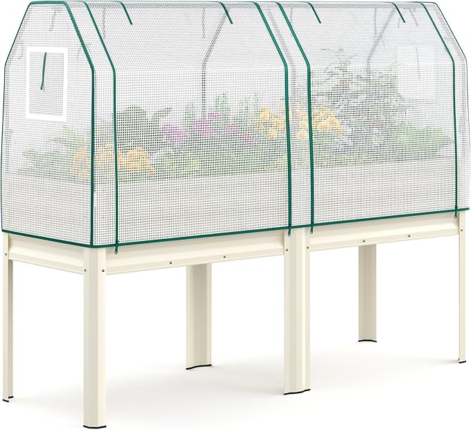KING BIRD Large Raised Garden Bed with Cover Galvanized Elevated Planter Box with Legs 72×23×55 in for Backyard, Patio, Balcony, 700lb Capacity, Beige