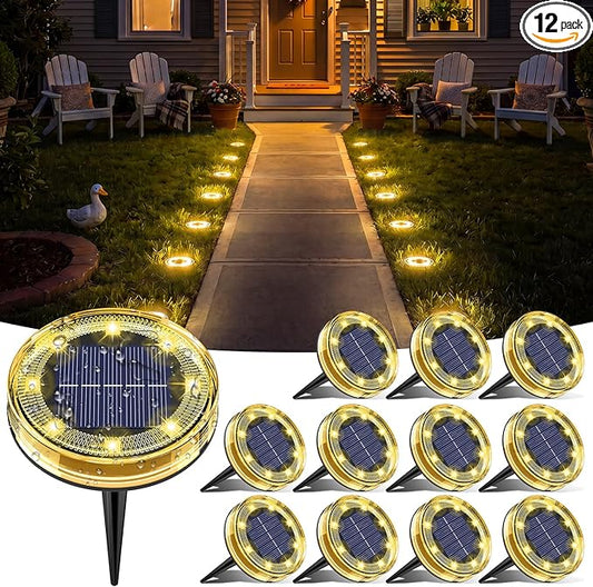 vighep 12 Pack Solar Ground Lights, 2.8 inch Flat Solar Light Outdoor Waterproof, Anti Rust, Low Profile Led Solar Powered Disc Lights Landscape Lighting for Yard,Walkway,Lawn,Path - Warm White