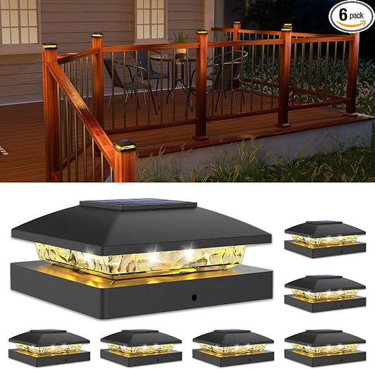 VOLISUN 4x4 Solar Post Cap Light 6pack,Solar Fence - Post Lights Outdoor Waterproof for Wooden/Vinyl Post,Black Deck Post Cap Light Solar Powered with Warm White for Garden/Patio/Porch
