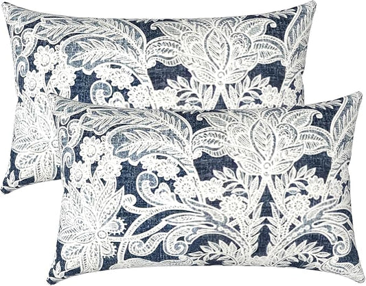 LVTXIII Set of 2 Patio Lumbar Pillows, 12" x 20" Fade Resistant Outdoor Lumbar Pillow with Inners, Fluffy Decorative Garden Lumbar Cushions for Home Patio Coach Sofa Use, Damask Lapis