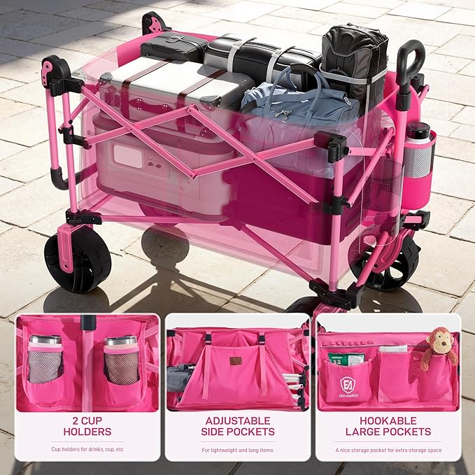 EVER ADVANCED Folding Push Wagon with Canopy, Portable Shopping Cart with Brakes, Collapsible Wagon Cart with All-Terrain Big Wheels for Camping, Beach, Sports