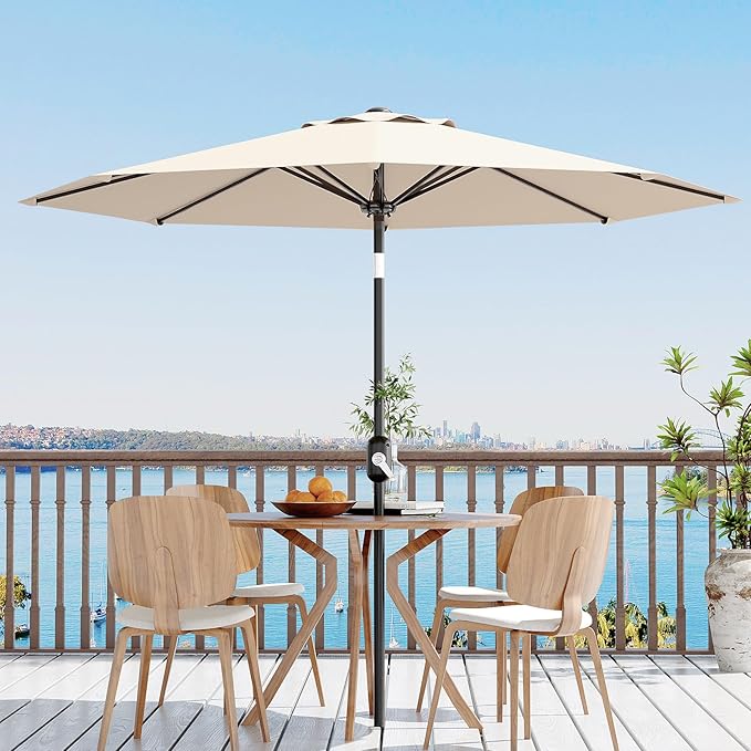 Garvee 9 ft Outdoor Patio Umbrella 8 Sturdy Ribs Outdoor Table Umbrella with Crank Lift & Push Button Tilt - UV Protection Waterproof Market Umbrellas for Pool, Deck, Yard, Garden, Light Beige