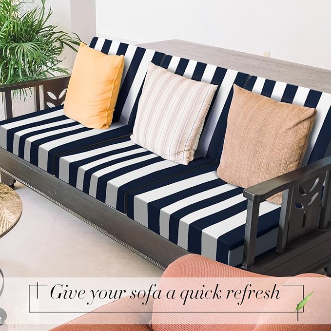 Newwiee 8pcs Patio Stretch Cushion Covers Stripe Outdoor Cushion Covers Replacement Patio Furniture Couch Slipcover Sofa Chair Seat, Thin Fabric Breathable Soft Flexibility Protector(Navy Blue)