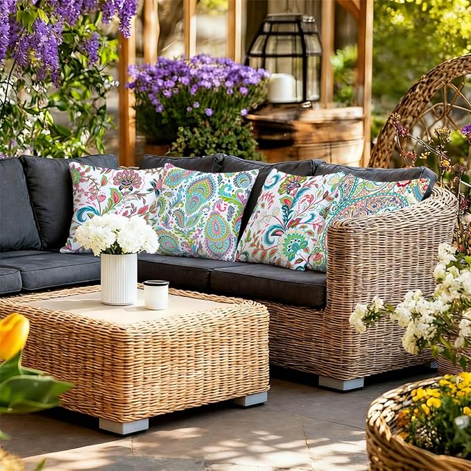 NIGHTWISH Outdoor Waterproof Pillow Covers 20x20 Set of 4 Spring Summer Floral Boho Decorative Outdoor Throw Pillows Paisley Cushion Cases for Patio Furniture Bench Couch Sunbrella