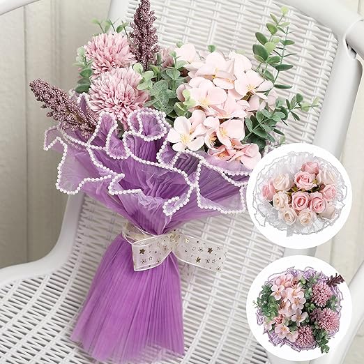 Gilprop 8 Pcs Flower Wrapping Mesh Paper, 11 Inch x 4 Yard Wavy Pearl Edge Wrinkled Flower Packaging Mesh, Florist Supplies for Teacher Mother's Day Gifts (Red,Pink,White,Purple)