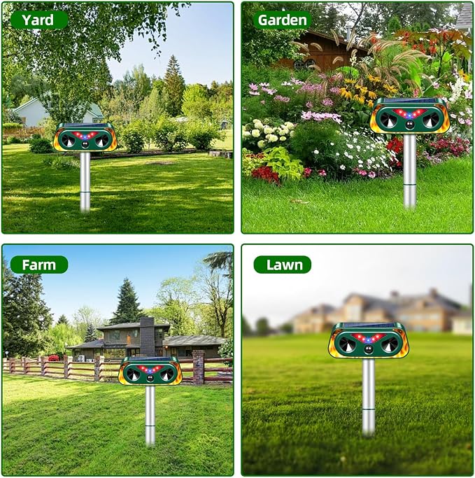 Upgraded Solar Animal Repellent Ultrasonic Outdoor Cat Deterrent Deer Repellent Devices,Waterproof Dog Repeller with Motion Sensor,Flashing Lights,Scare Squirrels Rabbits Raccoons Skunks Garden,2 Pack