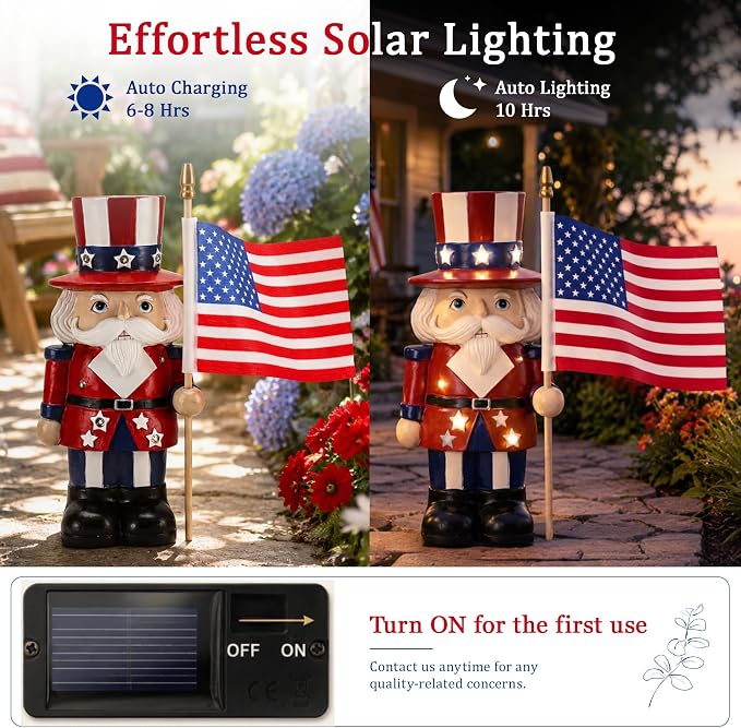 Nacome Solar Nutcracker Soldier Garden Statue: American Flag Figurine for Patriotic Outdoor Lawn Porch Patio Yard Decorations - Gifts for Mom Grandma Women