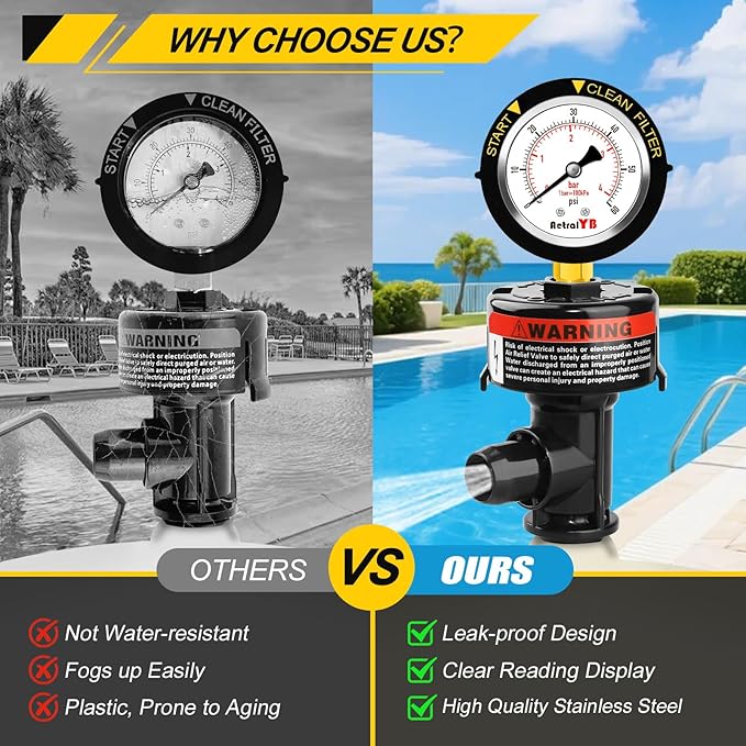 Manual Pool Filter Air Relief Valve,98209800 Air Relief Manual Valve Assembly with Water-Proof Stainless Steel Pressure Gauge,High Flow,Replacement for Pool and Spa Filter