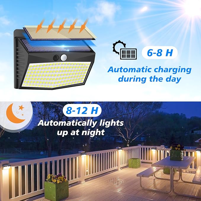 [138 LED/6 Packs] Solar Outdoor Motion Sensor Lights with 3 Lighting Modes Wall Lights Waterproof Solar Security Powered Lights for Garden Fence Yard Deck Garage, Warm White