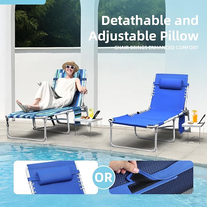 Yestomo 3-in-1 Sun Tanning Chair with Face Holes, Breathable Chaise Lounge Chair Outdoor, 5-Position Recliner, Lay Flat, Folding Side Table, Removable Pillow, Max 330lbs, Beach, Patio, Camping, Blue