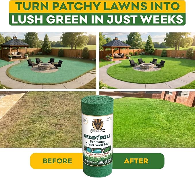 PetraMax Bermuda Grass Seed Rolls for Southern Lawns - Biodegradable Roll Out Grass Seed Mat - Also Perennial Rye & Tall Fescue Blend - Full Sun - Erosion Control - Patch Lawn Repair (216 Sq Ft)