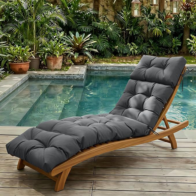 Outdoor Chaise Lounge Cushions 75.1x22.8x4.7 Inch, Waterproof Lounge Chair Cushions for Pool, Patio, Deck, Lawn, Fade Resistant Lounge Cushions for Outdoor Furniture with Ties, Dark Grey