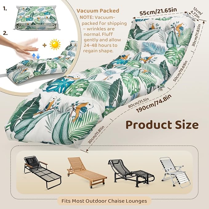 Waterproof Outdoor Lounge Chair Cushions 74.8 x 22 x 4.7 Inches，Chaise Lounge Chair Cushions Replacement for Outdoor Furniture with Ties, Thickened Patio Pool Bench Lounge Chair Cushions
