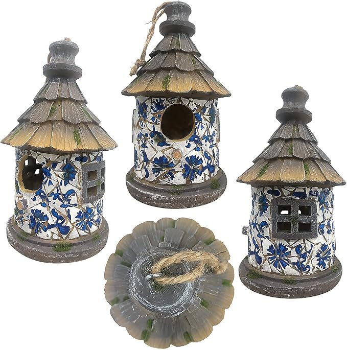 OUSHUAI Bird House for Outdoor with Pole Garden Decor Hanging Birdhouses Weatherproof BirdNest for Outside Bluebird, Finch, Wren, Chickadee, Wild Birds Big Size Resin White Bule