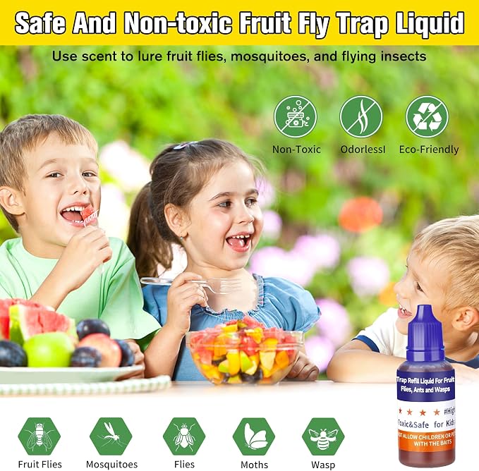 Fruit Fly Trap Refill Liquid, Effective Gnat Killer&Fruit Fly Catcher Bait Refill, Long-Lasting Fruit Scented Ants Attractant for Kitchen Bathroom Living Room Use, Safe Near Food (4 Pack)
