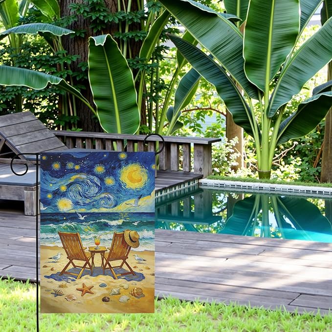 Beach Garden Flag Spring Summer Coastal Yard Flags Van Gogh Inspired Starry Night Style Ocean Seaside Chairs House Banner for Outside Lawn Patio Porch Seasonal Home Double Sided 12x18 Inch
