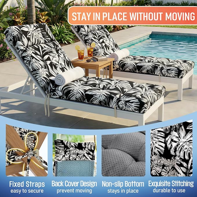 MAGIC ELEPHANT Chaise Lounge Cushion Outdoor, Memory Foam Patio Lounge Chair Cushion with Ties for Indoor Outdoor Furniture, Water-Repellent Replacement Long Chair Cushion (Black Monstera)