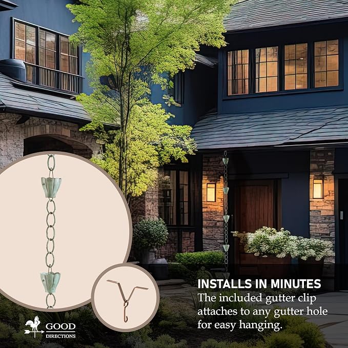 Good Directions 491V1-8 Crocus Rain Chain 8-1/2 Feet Long, Large Cups, 100% Blue Verde Pure Copper