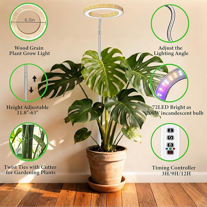 Grow Lights for Indoor Plants Full Spectrum,6.3" LED Wood Grain Plant Grow Light, 11.8-63in Height Adjustable Plant Lights Growing Lamp with Auto Timer 3H/9H/12H,10 Dimmable Levels (Wood Grain 1 Pack)
