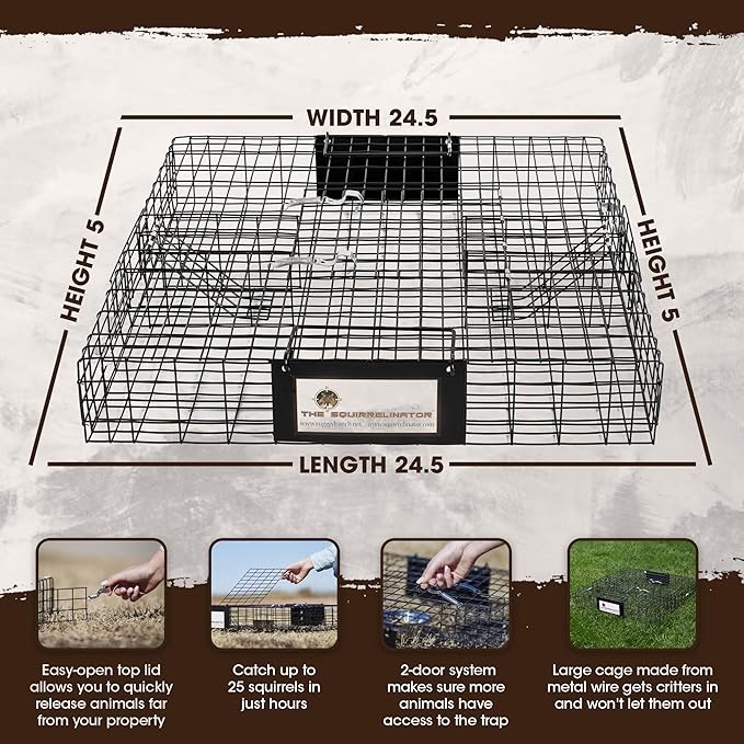 Rugged Ranch 2‑Pack Squirrelinator Multi‑Catch Squirrel Trap, Wire Cage, 24.5"x24.5"x5" Each - Live Catch‑and‑Release, 2‑Door Humane Rodent Control, No‑Poison Outdoor Use, Trap Only