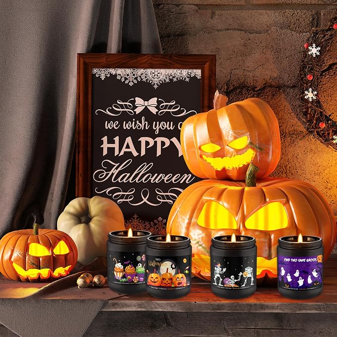 Halloween Scented Candles Set of 4 (7oz Each) – Spooky Aromatherapy Soy Wax Candles with Bat & Ghost Designs, Smokeless for All Saints' Day, Home Decor & Festive Gifts