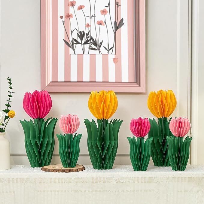 8 Pcs Tulip Honeycomb Decorations, Spring Decorations for Office, Table Decor, Tulip Party Decorations, Spring Centerpieces for Tables for Mothers Day Party, Womens Day