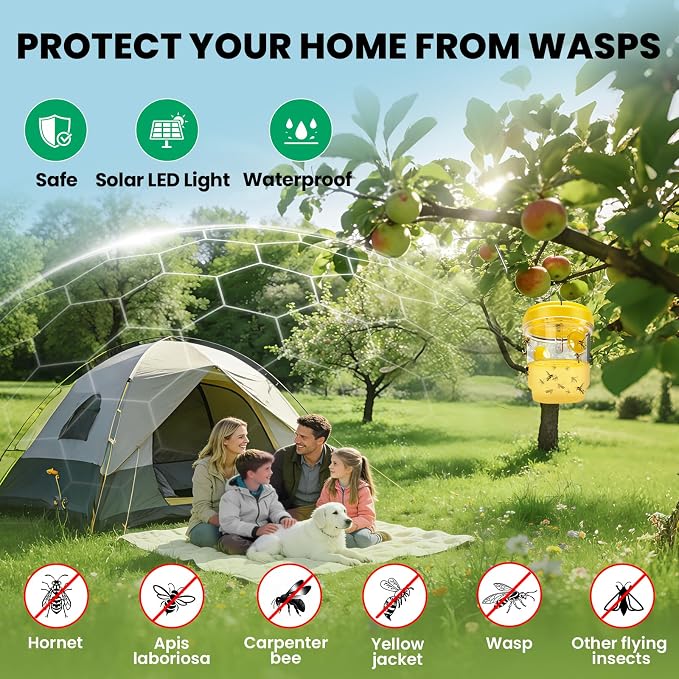 Wasp Trap, Solar Wasp Traps Outdoor Hanging, Reusable Yellow Jacket Hornet Trap with LED Light for Outside Garden, Patio, Orchard, Camping