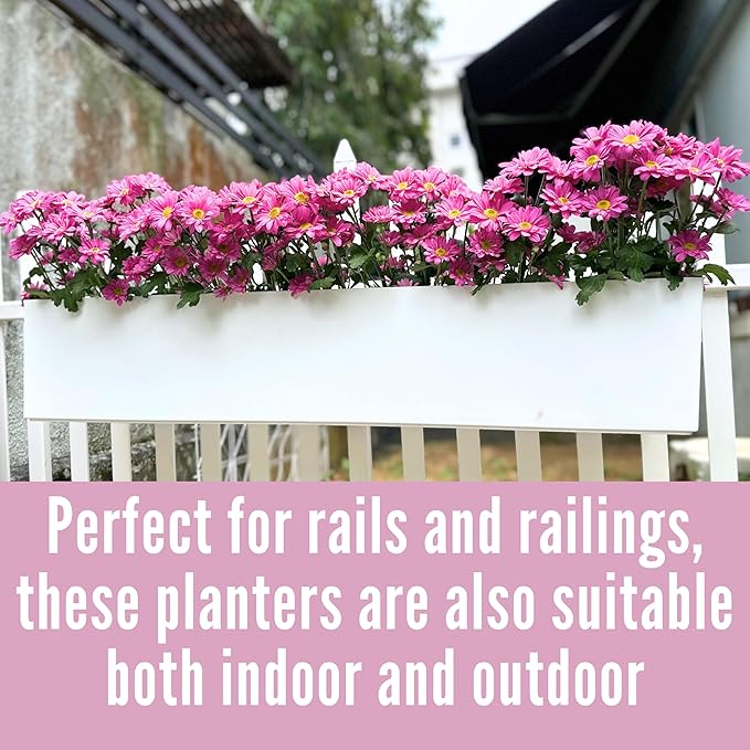 LaLaGreen Hanging Planter Boxes (2 Pack, 40") Extra Large White Rectangular Window Flower Box with Bracket Self Watering System Railing Planters for Outdoor Plant Pot Container Deck Rail Fence Balcony