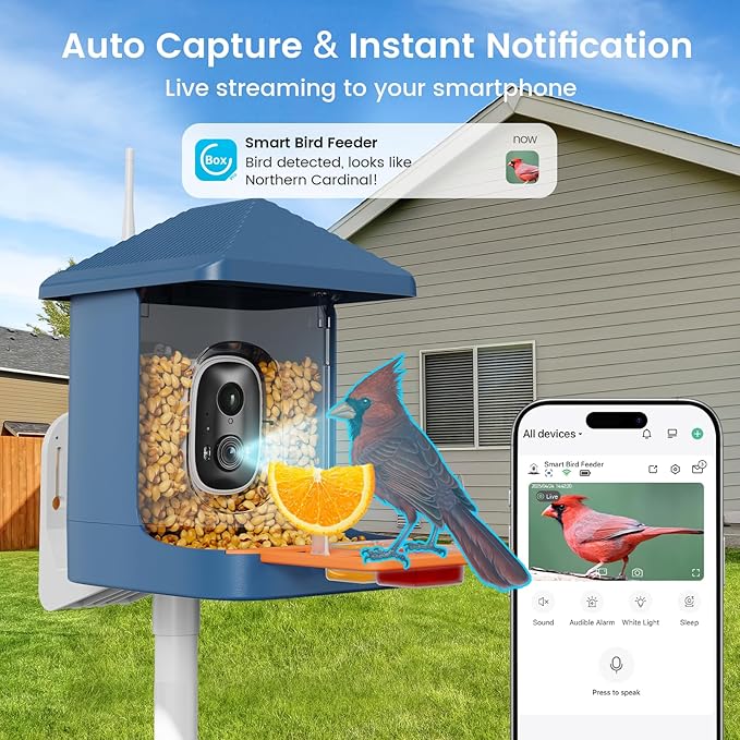 Bird Feeder with Camera 2K, 1 Year Free AI Identify 10,000+ Species 1.8L Birds Feeder Camera Bird Feeders for Outdoors Solar Powered IP65 Instant Alert, Auto Record Video Ideal Gift for Nature Lovers