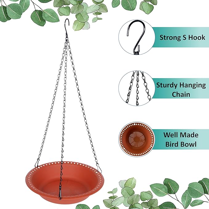 Hanging Bird Feeder Tray 12 inch with Drainage Holes Fit Most Seed, Bird-Feeder Hanging for Garden Yard Outside, Terracotta