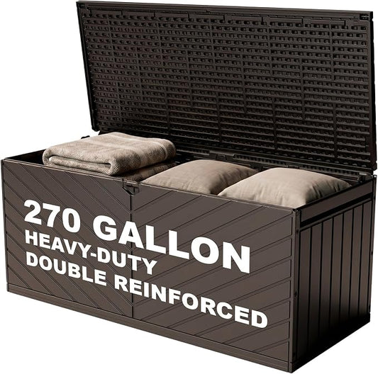 Deck Box, Waterproof Resin Outdoor Storage Box with Double-Layer Lockable Lid, UV-Resistant Storage for Patio, Pool, Garden & Backyard, 270 Gallon, Brown