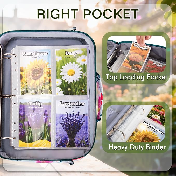 Seed Storage Organizer Binder with 20 PCS Reusable Seed Envelopes - 30 Pack Sheet Protectors Holds 120 Packets Envelopes, Flower