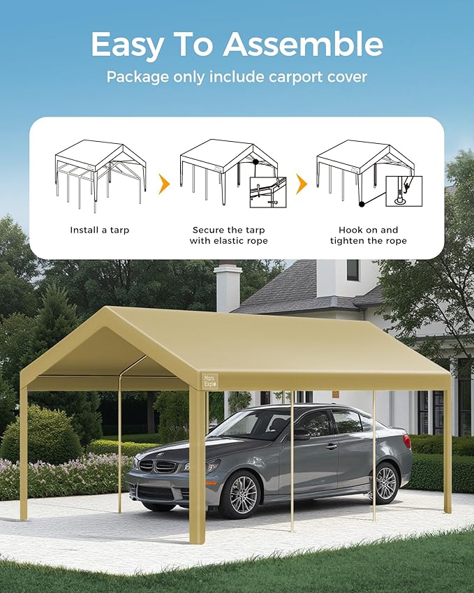 10x20 FT Heavy Duty Carport Replacement Canopy Cover, Durable Waterproof Tarp Shelter Top for Car, Garage, or Outdoor Use, Beige Color with Ball Bungees for Secure Fit