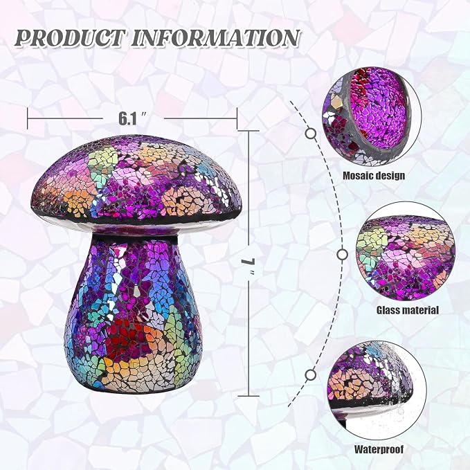 Bshine Mushroom Garden Statue Decoration, Colorful Mosaic Mushroom Sculptures Home Decor, Outdoor Waterproof Handmade Glass for Yard, Path, Lawn Ornaments or Gifts for Mom (Purple)