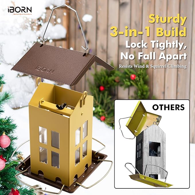 iBorn Bird Feeder House, Metal Bird Feeders for Outdoors Hanging,Double-Sided Metal Hanger & Weatherproof, Easy to Clean & Refill, 1.5 Lbs Capacity, Muted Yellow