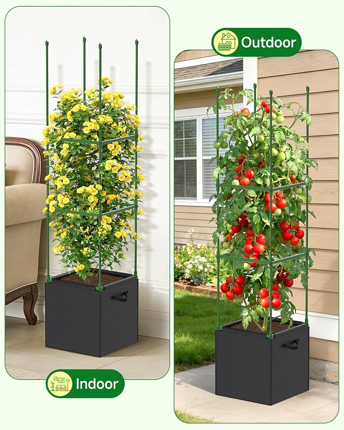 4 Pack Square Tomato Trellis Cages 55 Inch Height, with 17 Gallon Square Grow Bags (12×12in), Heavy Duty Tomato Plant Support Stakes for Outdoor Garden Climbing Vegetables Fruits Flowers