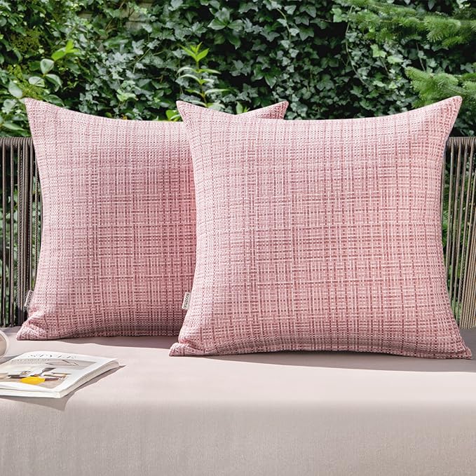 MIULEE Outdoor Waterproof Throw Pillow Covers Decorative Farmhouse Water Resistant Cushion Covers for Tent Patio Garden Couch Sofa Pack of 2, 16x16 Inch Pink