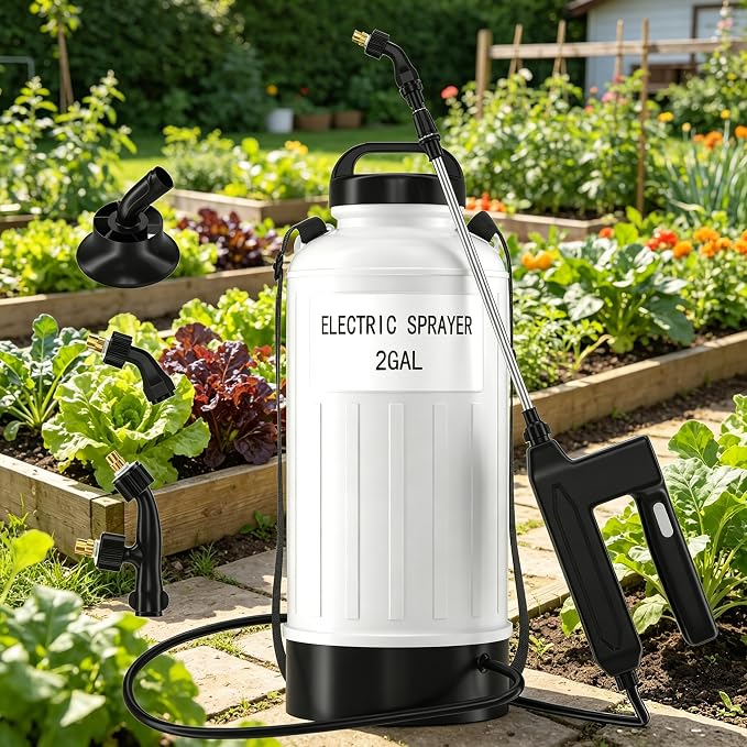 Battery Powered Sprayer 2 Gallon, Wide Mouth Electric Pump Sprayer with Upgraded Elevated Base and Thickened Anti-Abrasion Tank, Kink Proof Hose, Retractable Wand, 3 Nozzles Lawn and Garden