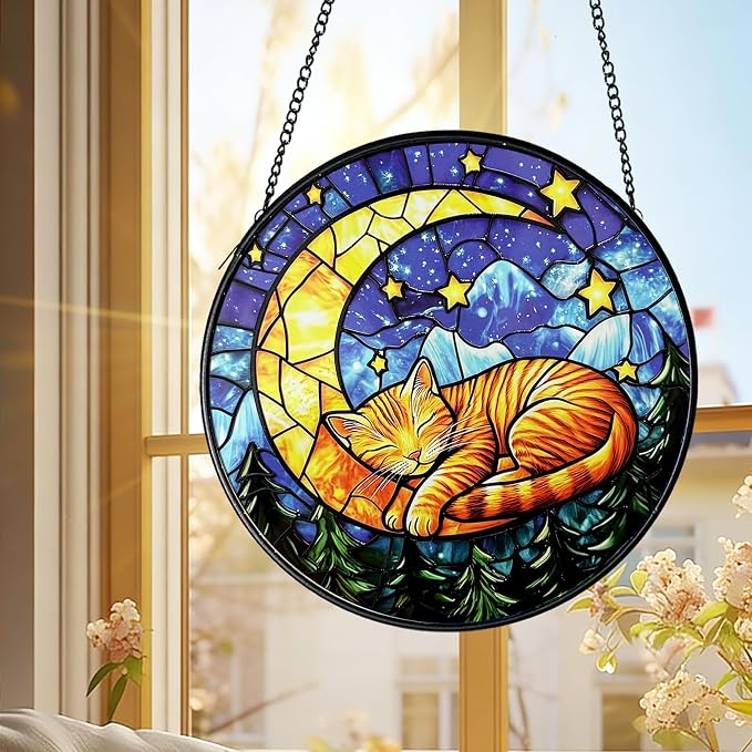 Cat Stained Glass Suncatcher Window, Cat Sun Catchers Indoor Window, Suncatcher for Mom/Women (Moon Sleeping)