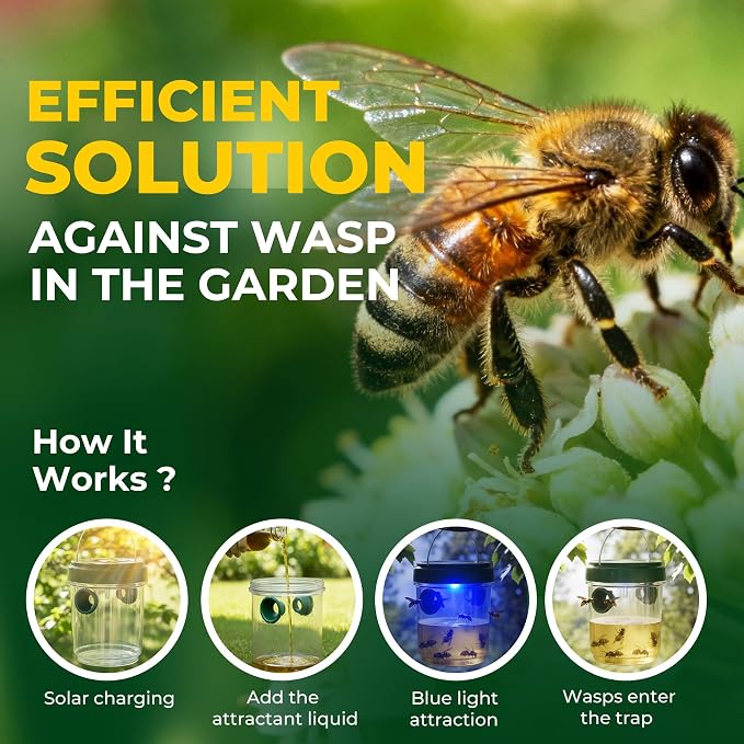 Wasp Trap Outdoor Hanging 4 Pack, Solar Powered Reusable Wasp & Yellow Jacket Trap with LED Light, Carpenter Bee Catcher for Patio, Backyard & Garden