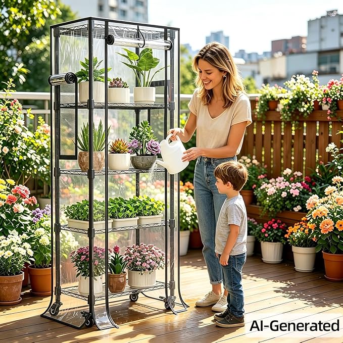 5-Tier Greenhouse for Indoor , 23.2" L×13.4" W×61.4" H | Portable Greenhouse with Wheels，Clear PVC Cover and Metal Shelf，for Growing Flowers and Seedlings