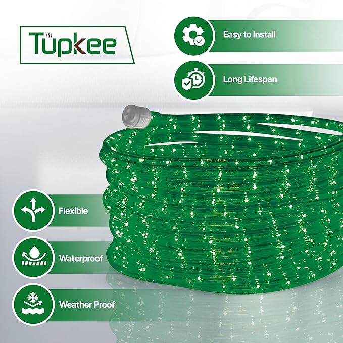 Tupkee LED Rope Light Green - for Indoor and Outdoor use, 24 Feet (7.3 m) - 10MM Diameter - 144 LED Long Life Bulbs Rope Tube Lights