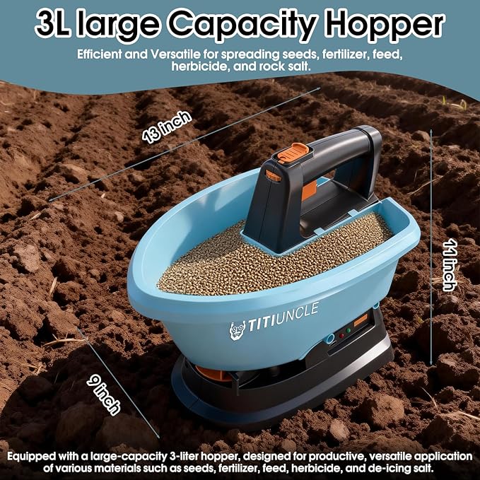 3L Electric Seed Spreader Handheld for Lawns, 7.2V Battery Powered 135° Fertilizer/Grass Seed/Salt/Ice Melt Spreader Cordless Rechargeable, Large Capacity for 6400 Sq.Ft, 7 Settings/5 Angles Adjust